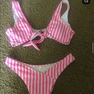 pink striped bathing suit set size M